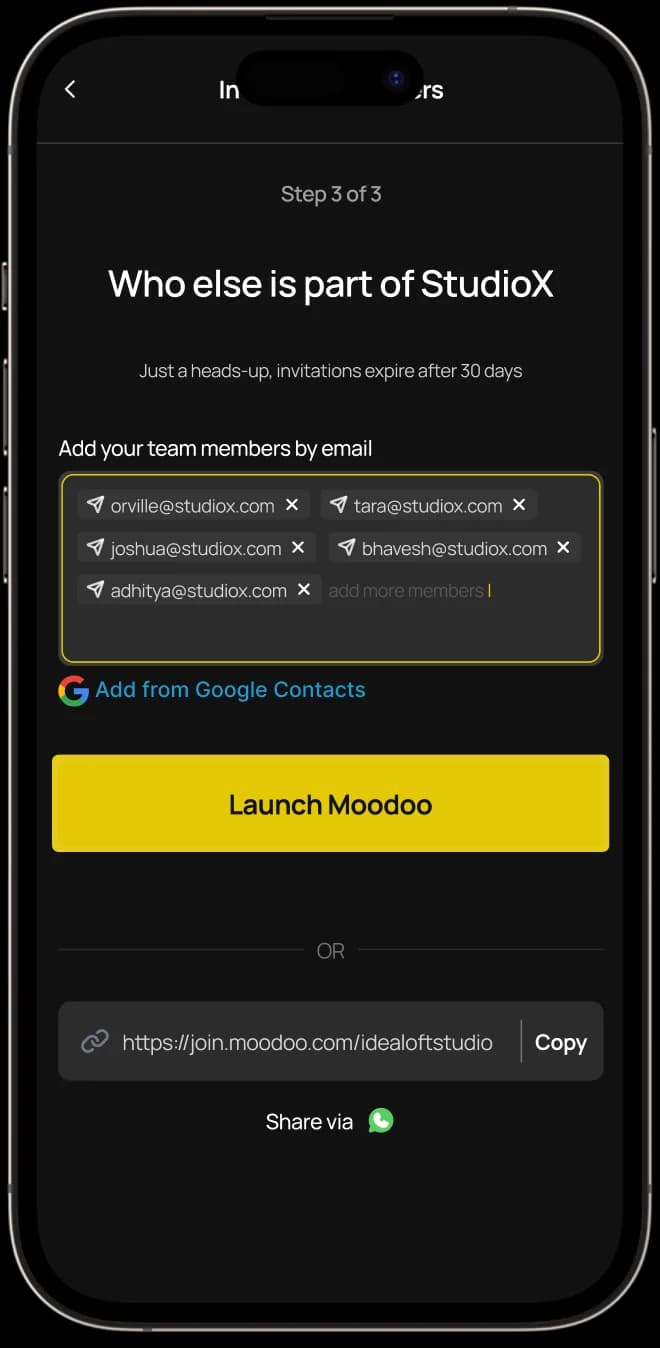 Moodoo app screen for inviting team members to join a workspace